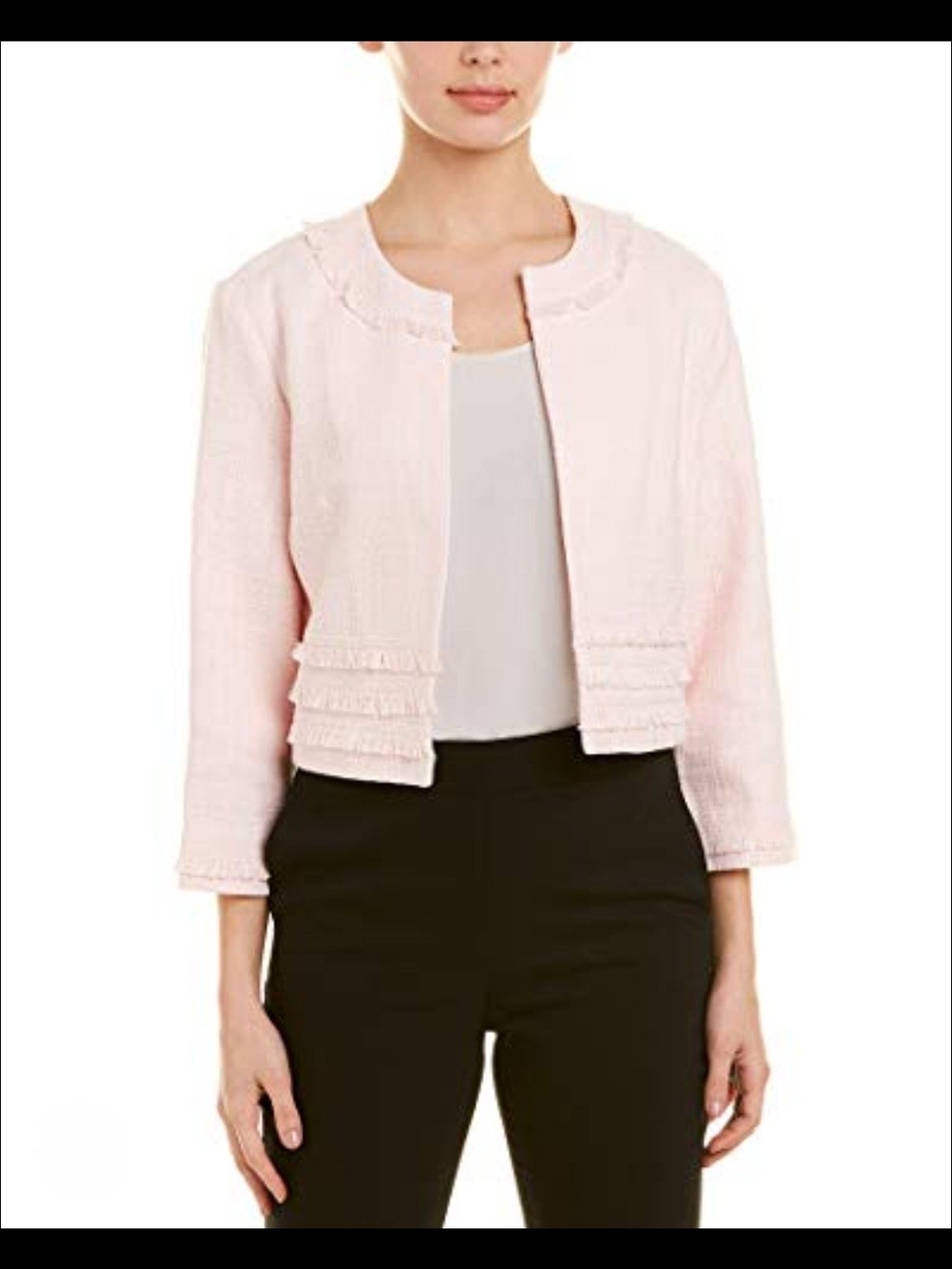 Karl Lagerfeld Pale Pink Cropped Fringe-Trim Tweed Jacket